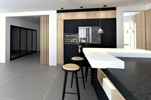 cuisine ouverte noire blanche et bois à Caen projet 3D