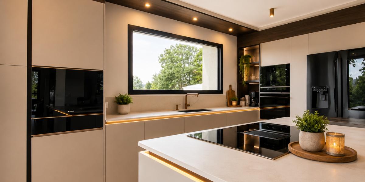 Image Cuisine haut de gamme à Caen | Laque mate, noyer & Dekton REM