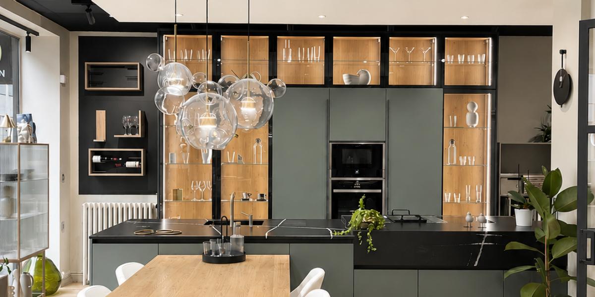 Image Cuisine sur mesure vert muschio et silestone