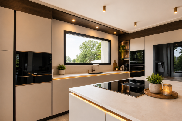 cuisine beige et bois foncé